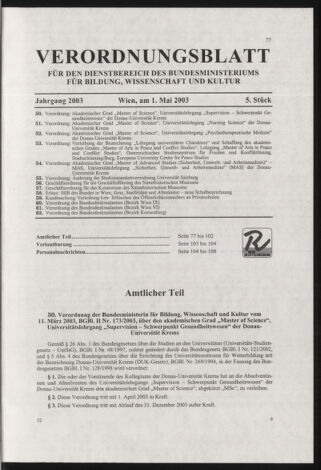 Verordnungsblatt für die Dienstbereiche der Bundesministerien für Unterricht und kulturelle Angelegenheiten bzw. Wissenschaft und Verkehr 20030501 Seite: 1