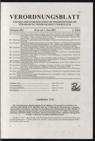 Verordnungsblatt für die Dienstbereiche der Bundesministerien für Unterricht und kulturelle Angelegenheiten bzw. Wissenschaft und Verkehr 20030601 Seite: 1