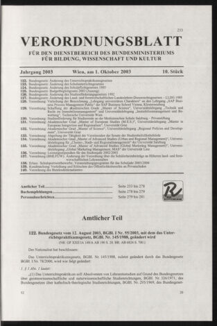 Verordnungsblatt für die Dienstbereiche der Bundesministerien für Unterricht und kulturelle Angelegenheiten bzw. Wissenschaft und Verkehr 20031001 Seite: 1