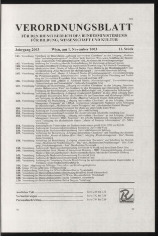 Verordnungsblatt für die Dienstbereiche der Bundesministerien für Unterricht und kulturelle Angelegenheiten bzw. Wissenschaft und Verkehr 20031101 Seite: 1