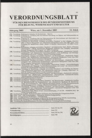 Verordnungsblatt für die Dienstbereiche der Bundesministerien für Unterricht und kulturelle Angelegenheiten bzw. Wissenschaft und Verkehr 20031201 Seite: 1