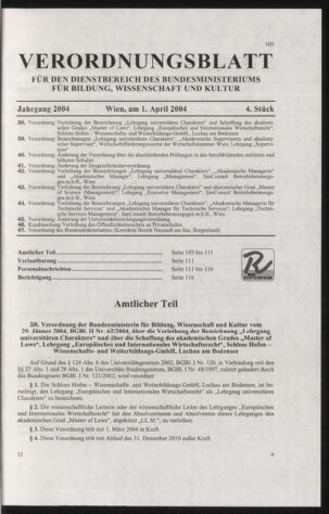 Verordnungsblatt für die Dienstbereiche der Bundesministerien für Unterricht und kulturelle Angelegenheiten bzw. Wissenschaft und Verkehr 20040401 Seite: 1