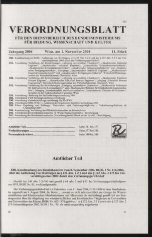 Verordnungsblatt für die Dienstbereiche der Bundesministerien für Unterricht und kulturelle Angelegenheiten bzw. Wissenschaft und Verkehr 20041101 Seite: 1