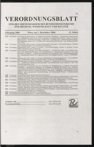 Verordnungsblatt für die Dienstbereiche der Bundesministerien für Unterricht und kulturelle Angelegenheiten bzw. Wissenschaft und Verkehr 20041201 Seite: 1