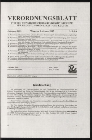 Verordnungsblatt für die Dienstbereiche der Bundesministerien für Unterricht und kulturelle Angelegenheiten bzw. Wissenschaft und Verkehr 20050101 Seite: 1