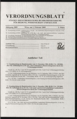 Verordnungsblatt für die Dienstbereiche der Bundesministerien für Unterricht und kulturelle Angelegenheiten bzw. Wissenschaft und Verkehr 20050201 Seite: 1