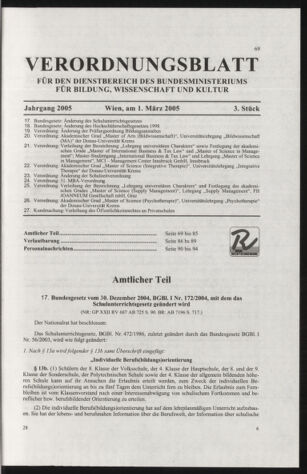 Verordnungsblatt für die Dienstbereiche der Bundesministerien für Unterricht und kulturelle Angelegenheiten bzw. Wissenschaft und Verkehr 20050301 Seite: 1