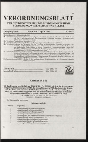 Verordnungsblatt für die Dienstbereiche der Bundesministerien für Unterricht und kulturelle Angelegenheiten bzw. Wissenschaft und Verkehr 20060401 Seite: 1