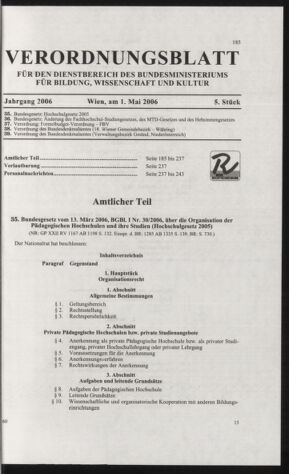 Verordnungsblatt für die Dienstbereiche der Bundesministerien für Unterricht und kulturelle Angelegenheiten bzw. Wissenschaft und Verkehr 20060501 Seite: 1