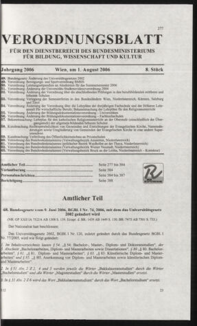 Verordnungsblatt für die Dienstbereiche der Bundesministerien für Unterricht und kulturelle Angelegenheiten bzw. Wissenschaft und Verkehr 20060801 Seite: 1