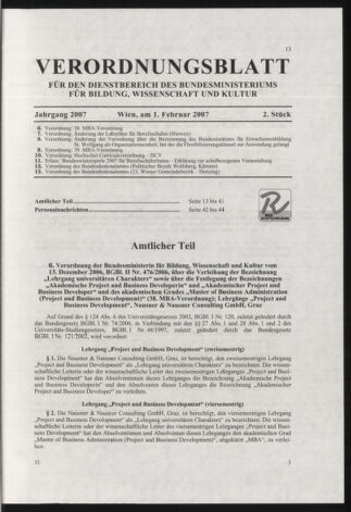 Verordnungsblatt für die Dienstbereiche der Bundesministerien für Unterricht und kulturelle Angelegenheiten bzw. Wissenschaft und Verkehr 20070201 Seite: 1