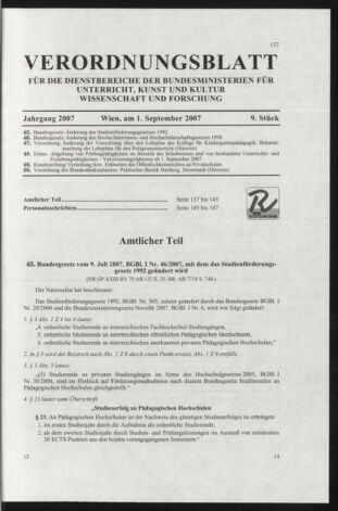 Verordnungsblatt für die Dienstbereiche der Bundesministerien für Unterricht und kulturelle Angelegenheiten bzw. Wissenschaft und Verkehr 20070901 Seite: 1