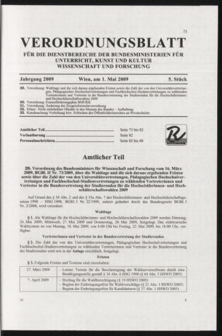 Verordnungsblatt für die Dienstbereiche der Bundesministerien für Unterricht und kulturelle Angelegenheiten bzw. Wissenschaft und Verkehr 20090501 Seite: 1