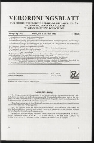 Verordnungsblatt für die Dienstbereiche der Bundesministerien für Unterricht und kulturelle Angelegenheiten bzw. Wissenschaft und Verkehr 20100101 Seite: 1