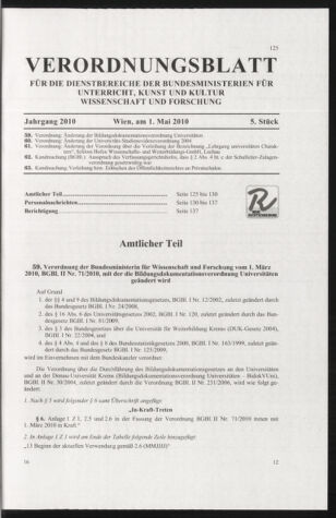 Verordnungsblatt für die Dienstbereiche der Bundesministerien für Unterricht und kulturelle Angelegenheiten bzw. Wissenschaft und Verkehr 20100501 Seite: 1