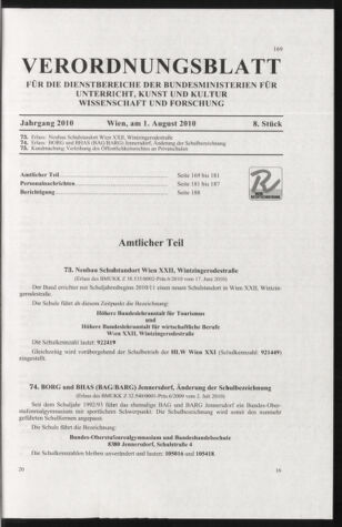 Verordnungsblatt für die Dienstbereiche der Bundesministerien für Unterricht und kulturelle Angelegenheiten bzw. Wissenschaft und Verkehr 20100801 Seite: 1