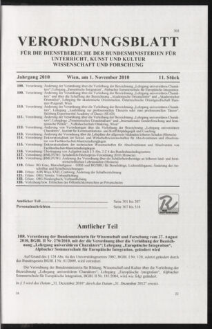 Verordnungsblatt für die Dienstbereiche der Bundesministerien für Unterricht und kulturelle Angelegenheiten bzw. Wissenschaft und Verkehr 20101101 Seite: 1