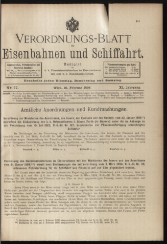 Verordnungs-Blatt für Eisenbahnen und Schiffahrt: Veröffentlichungen in Tarif- und Transport-Angelegenheiten 18980210 Seite: 1