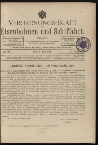 Verordnungs-Blatt für Eisenbahnen und Schiffahrt: Veröffentlichungen in Tarif- und Transport-Angelegenheiten 18980305 Seite: 1