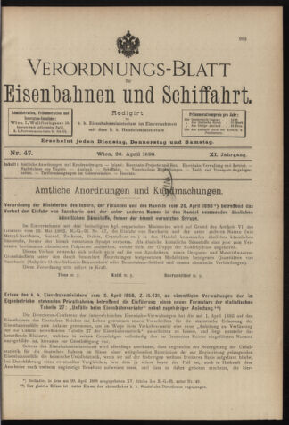 Verordnungs-Blatt für Eisenbahnen und Schiffahrt: Veröffentlichungen in Tarif- und Transport-Angelegenheiten 18980426 Seite: 1