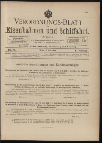 Verordnungs-Blatt für Eisenbahnen und Schiffahrt: Veröffentlichungen in Tarif- und Transport-Angelegenheiten 18980707 Seite: 1