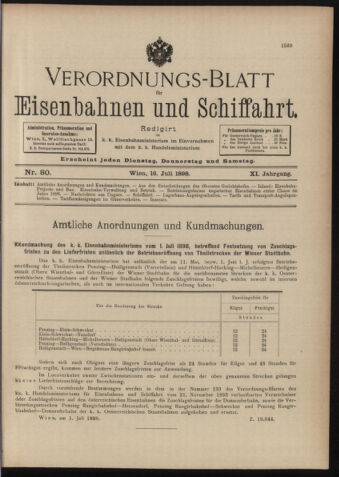 Verordnungs-Blatt für Eisenbahnen und Schiffahrt: Veröffentlichungen in Tarif- und Transport-Angelegenheiten 18980716 Seite: 1