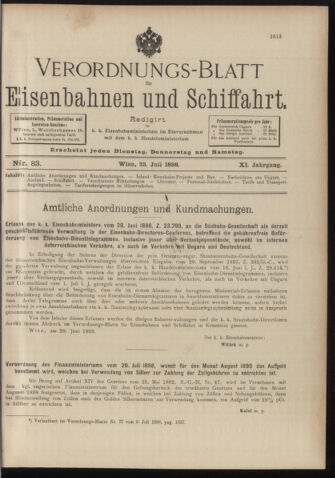 Verordnungs-Blatt für Eisenbahnen und Schiffahrt: Veröffentlichungen in Tarif- und Transport-Angelegenheiten 18980723 Seite: 1