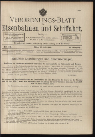 Verordnungs-Blatt für Eisenbahnen und Schiffahrt: Veröffentlichungen in Tarif- und Transport-Angelegenheiten 18980726 Seite: 1