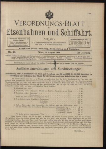 Verordnungs-Blatt für Eisenbahnen und Schiffahrt: Veröffentlichungen in Tarif- und Transport-Angelegenheiten 18980813 Seite: 1