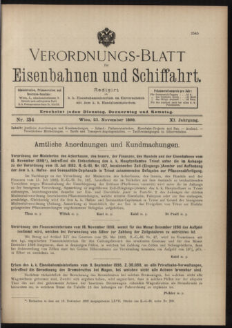 Verordnungs-Blatt für Eisenbahnen und Schiffahrt: Veröffentlichungen in Tarif- und Transport-Angelegenheiten 18981122 Seite: 1