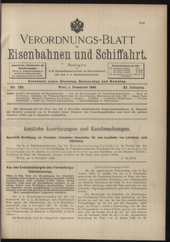 Verordnungs-Blatt für Eisenbahnen und Schiffahrt: Veröffentlichungen in Tarif- und Transport-Angelegenheiten 18981201 Seite: 1