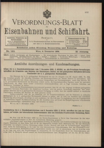 Verordnungs-Blatt für Eisenbahnen und Schiffahrt: Veröffentlichungen in Tarif- und Transport-Angelegenheiten 18981208 Seite: 1