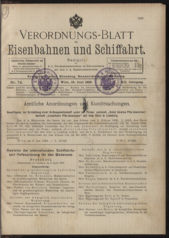 Verordnungs-Blatt für Eisenbahnen und Schiffahrt: Veröffentlichungen in Tarif- und Transport-Angelegenheiten 18990629 Seite: 1