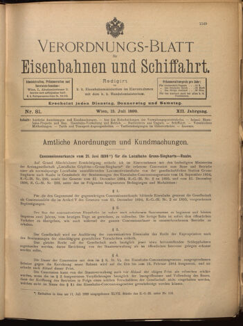 Verordnungs-Blatt für Eisenbahnen und Schiffahrt: Veröffentlichungen in Tarif- und Transport-Angelegenheiten 18990715 Seite: 1