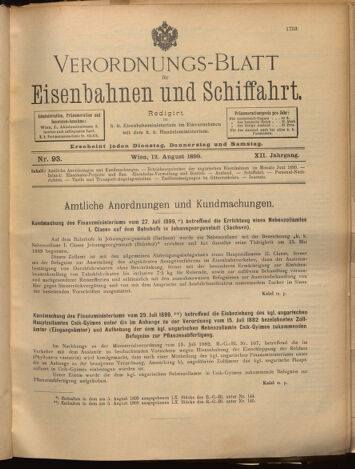 Verordnungs-Blatt für Eisenbahnen und Schiffahrt: Veröffentlichungen in Tarif- und Transport-Angelegenheiten 18990812 Seite: 1