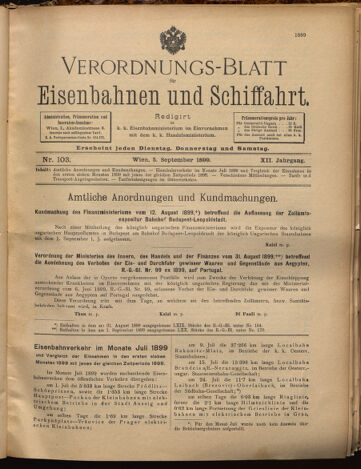 Verordnungs-Blatt für Eisenbahnen und Schiffahrt: Veröffentlichungen in Tarif- und Transport-Angelegenheiten 18990905 Seite: 1