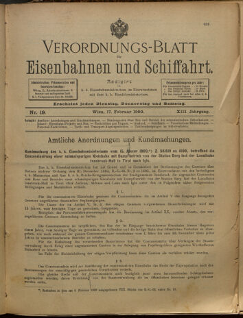 Verordnungs-Blatt für Eisenbahnen und Schiffahrt: Veröffentlichungen in Tarif- und Transport-Angelegenheiten 19000217 Seite: 1