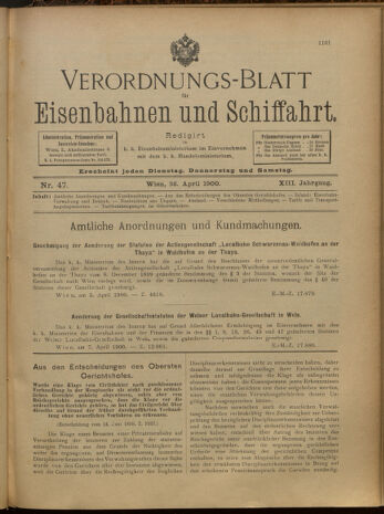 Verordnungs-Blatt für Eisenbahnen und Schiffahrt: Veröffentlichungen in Tarif- und Transport-Angelegenheiten 19000426 Seite: 1