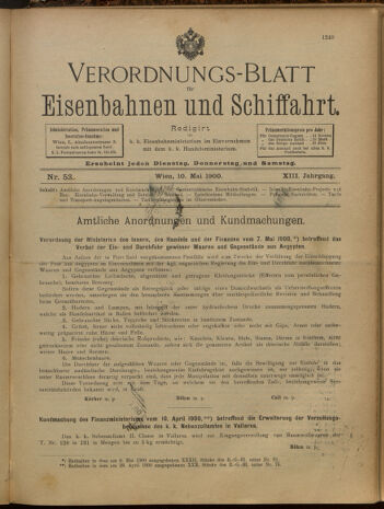 Verordnungs-Blatt für Eisenbahnen und Schiffahrt: Veröffentlichungen in Tarif- und Transport-Angelegenheiten 19000510 Seite: 1