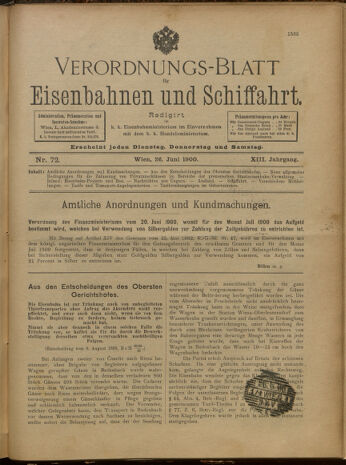 Verordnungs-Blatt für Eisenbahnen und Schiffahrt: Veröffentlichungen in Tarif- und Transport-Angelegenheiten 19000626 Seite: 1