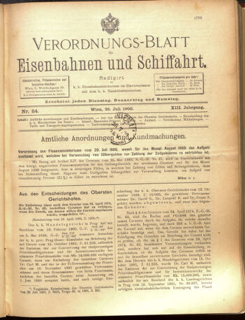 Verordnungs-Blatt für Eisenbahnen und Schiffahrt: Veröffentlichungen in Tarif- und Transport-Angelegenheiten 19000726 Seite: 1