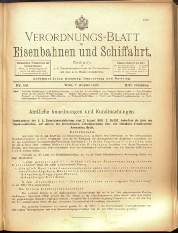 Verordnungs-Blatt für Eisenbahnen und Schiffahrt: Veröffentlichungen in Tarif- und Transport-Angelegenheiten 19000807 Seite: 1