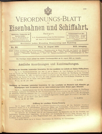 Verordnungs-Blatt für Eisenbahnen und Schiffahrt: Veröffentlichungen in Tarif- und Transport-Angelegenheiten 19000814 Seite: 1