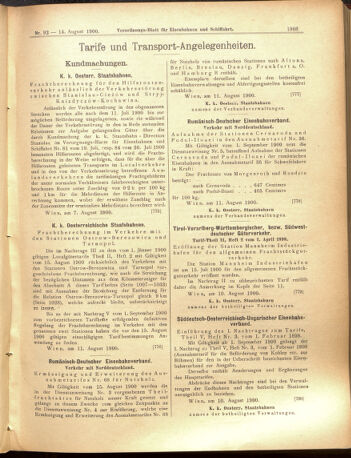 Verordnungs-Blatt für Eisenbahnen und Schiffahrt: Veröffentlichungen in Tarif- und Transport-Angelegenheiten 19000814 Seite: 15