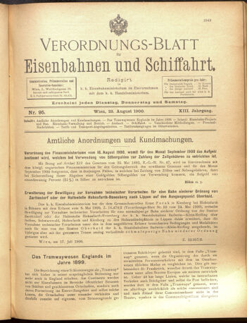 Verordnungs-Blatt für Eisenbahnen und Schiffahrt: Veröffentlichungen in Tarif- und Transport-Angelegenheiten 19000823 Seite: 1