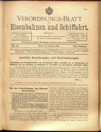 Verordnungs-Blatt für Eisenbahnen und Schiffahrt: Veröffentlichungen in Tarif- und Transport-Angelegenheiten 19001013 Seite: 1