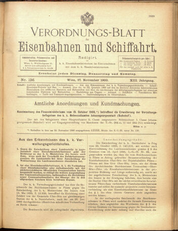 Verordnungs-Blatt für Eisenbahnen und Schiffahrt: Veröffentlichungen in Tarif- und Transport-Angelegenheiten 19001127 Seite: 1