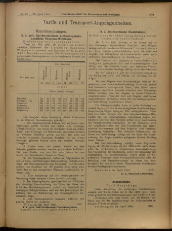 Verordnungs-Blatt für Eisenbahnen und Schiffahrt: Veröffentlichungen in Tarif- und Transport-Angelegenheiten 19010427 Seite: 9