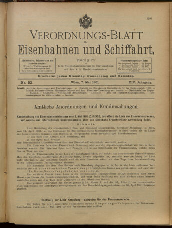 Verordnungs-Blatt für Eisenbahnen und Schiffahrt: Veröffentlichungen in Tarif- und Transport-Angelegenheiten 19010507 Seite: 1