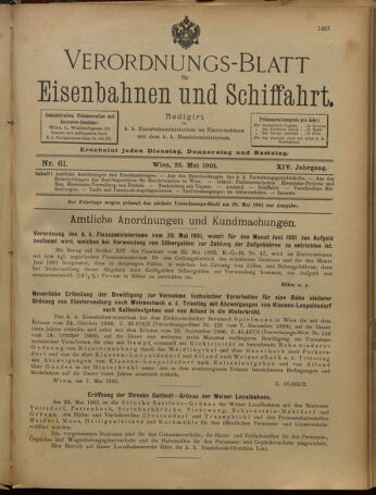 Verordnungs-Blatt für Eisenbahnen und Schiffahrt: Veröffentlichungen in Tarif- und Transport-Angelegenheiten 19010525 Seite: 1